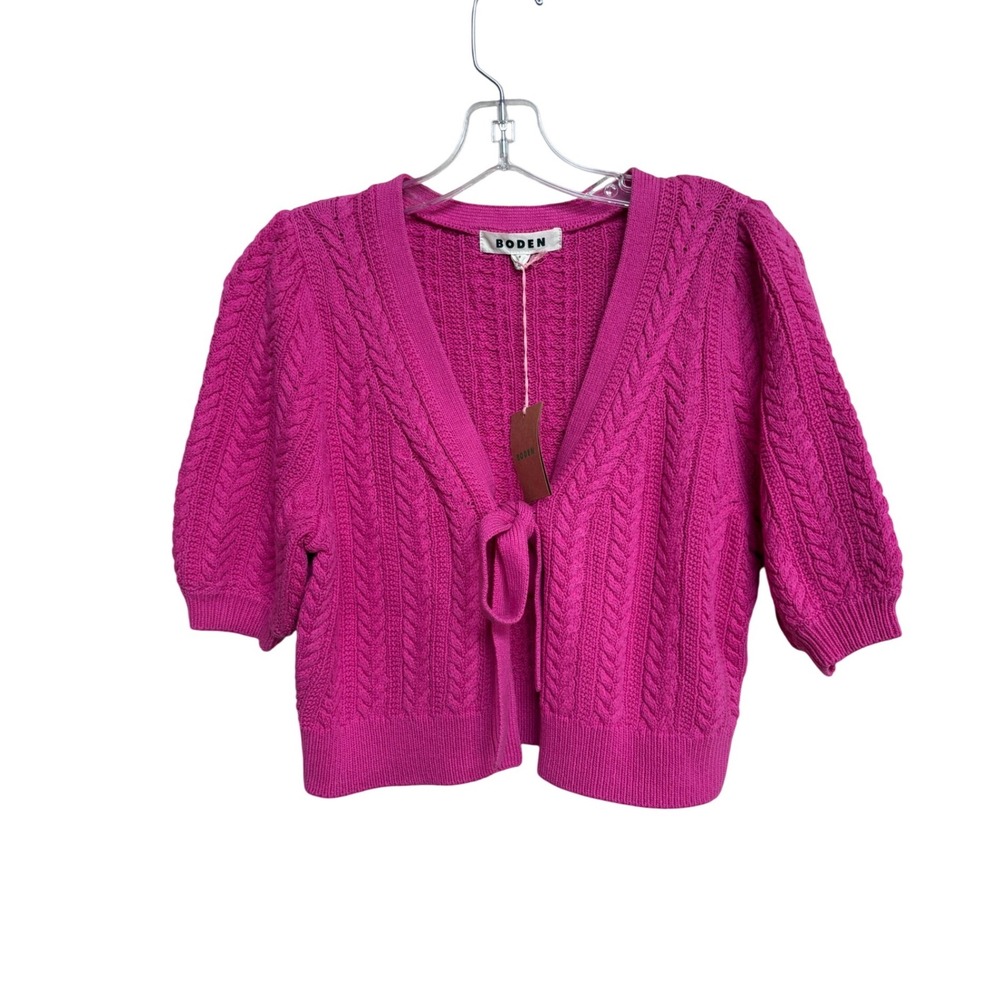NWT Boden Womens Pink Short Sleeve Tie Front Cable Knit Cardigan Sweater K0822